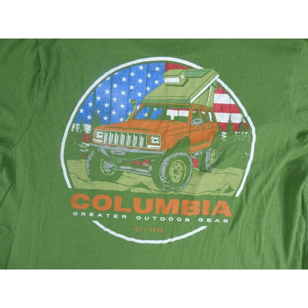 Columbia Mens T-Shirt Green Graphic Jeep SUV Flag Short Sleeve Cotton Size M